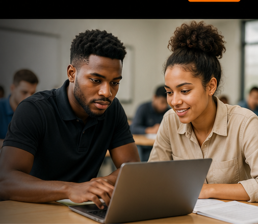 Two students using a laptop during a workforce training session